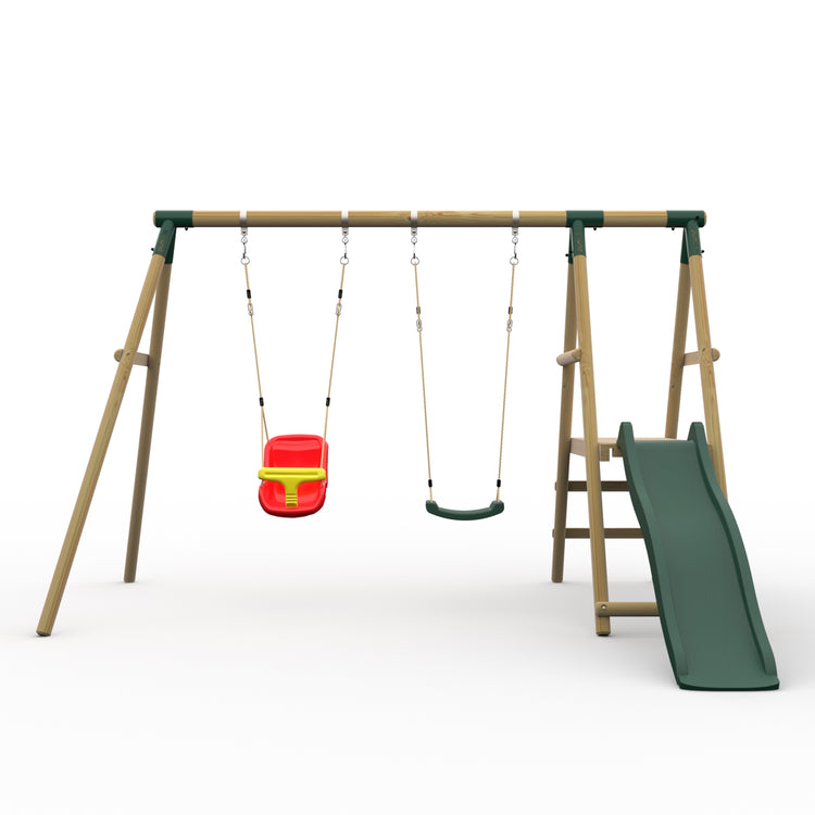 Plum® Roloway II™ Wooden Swing Set - Single Swing, Baby Seat, Deck & Slide