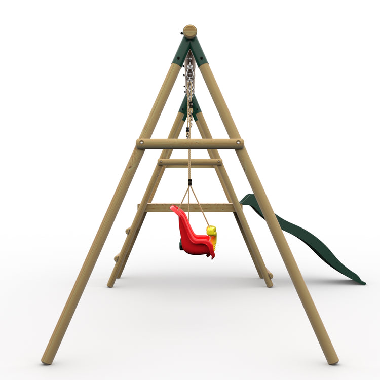 Plum® Roloway II™ Wooden Swing Set - Single Swing, Baby Seat, Deck & Slide