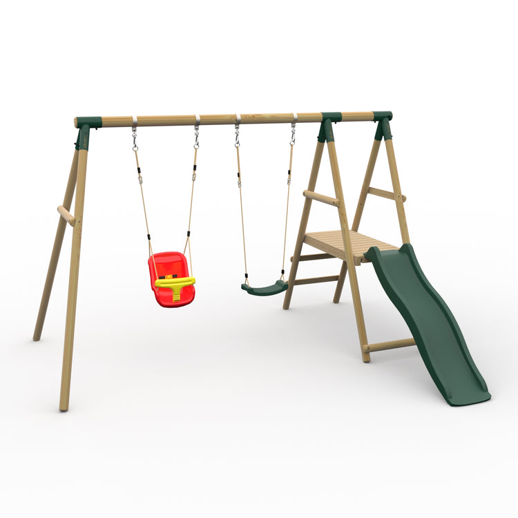 Plum® Roloway II™ Wooden Swing Set - Single Swing, Baby Seat, Deck & Slide