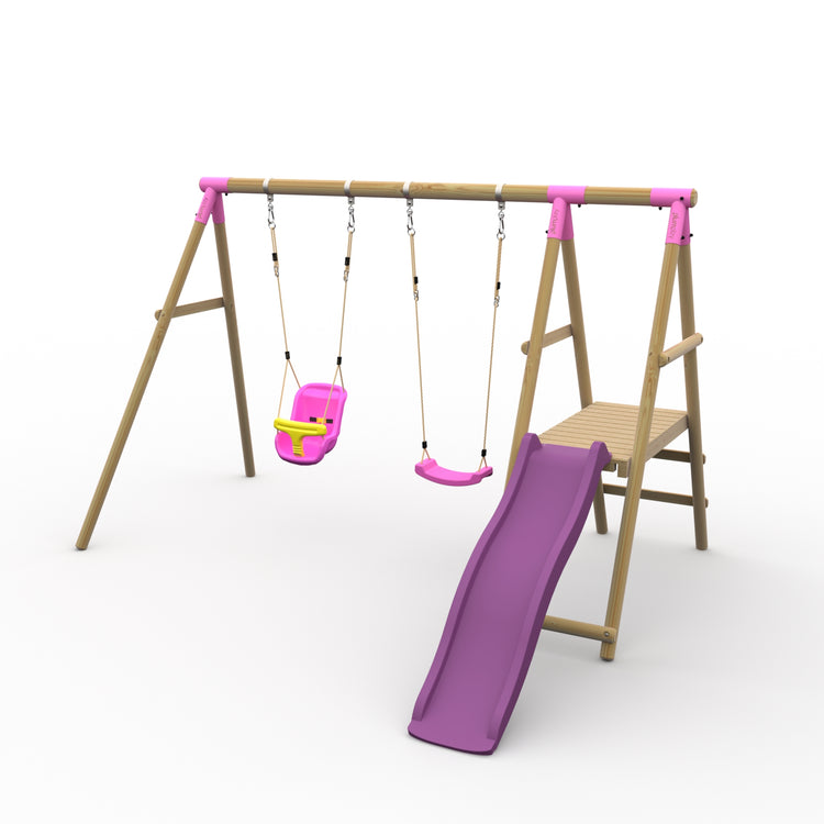 Plum® Roloway II™ Wooden Swing Set - Single Swing, Baby Seat, Deck & Slide