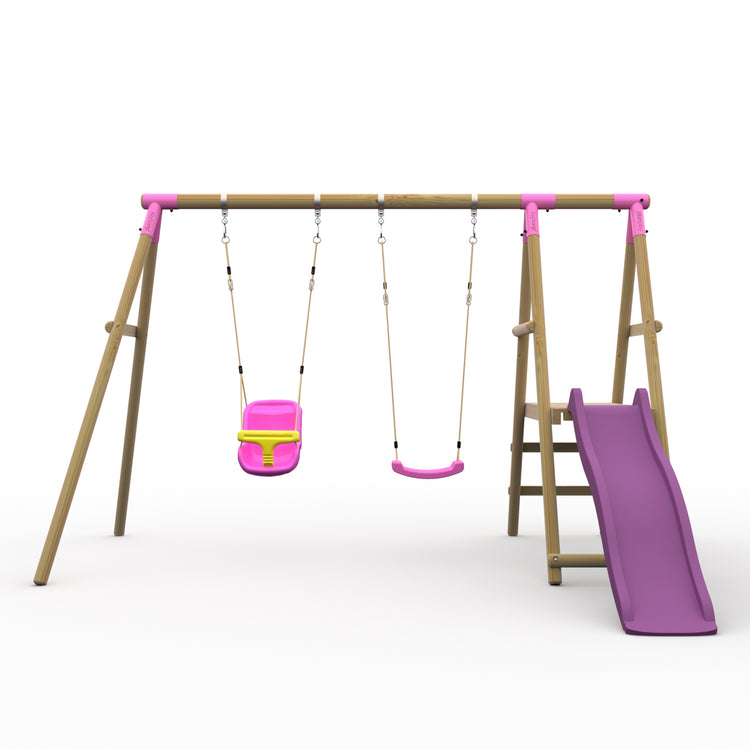 Plum® Roloway II™ Wooden Swing Set - Single Swing, Baby Seat, Deck & Slide