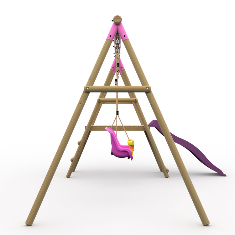 Plum® Roloway II™ Wooden Swing Set - Single Swing, Baby Seat, Deck & Slide