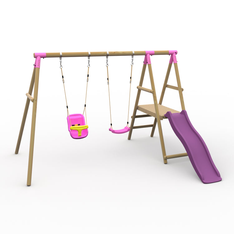 Plum® Roloway II™ Wooden Swing Set - Single Swing, Baby Seat, Deck & Slide