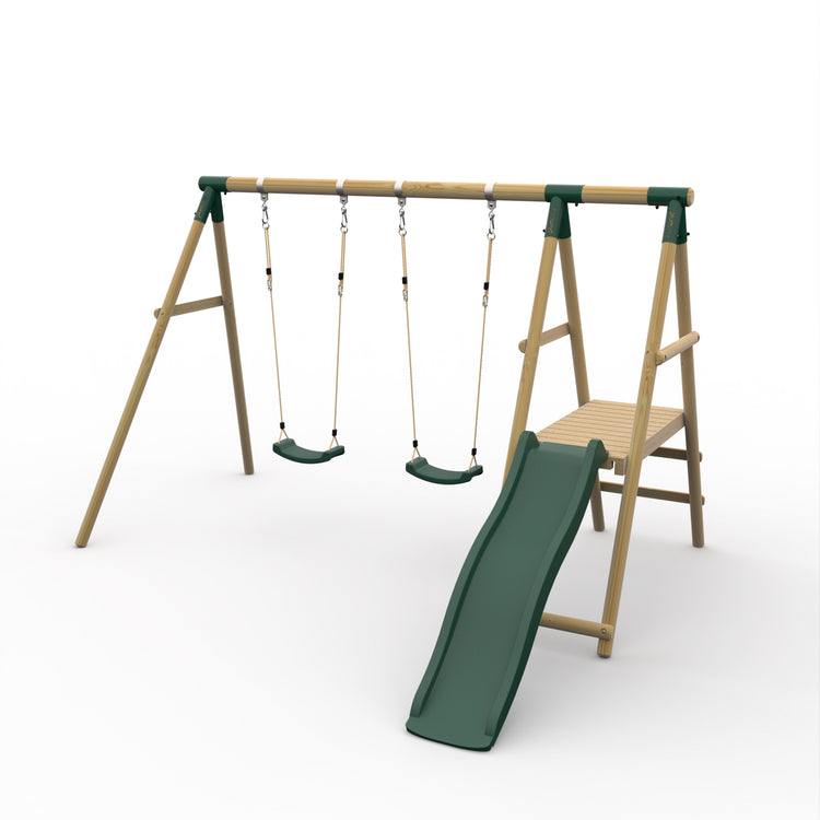 Roloway Wooden Double Swing Set with Slide