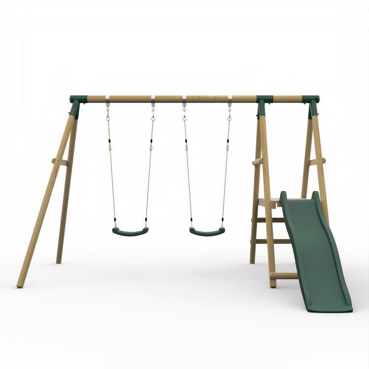 Roloway Wooden Double Swing Set with Slide