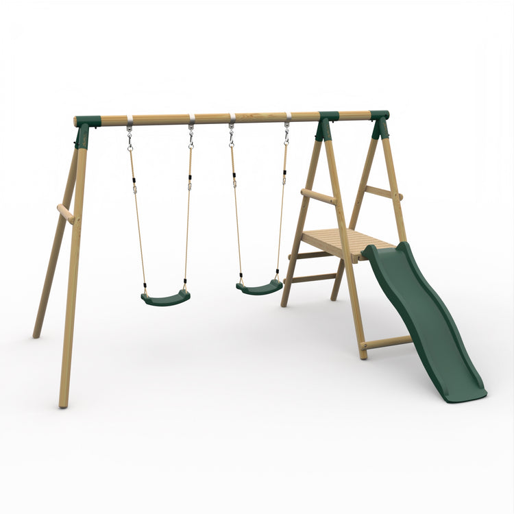 Roloway Wooden Double Swing Set with Slide
