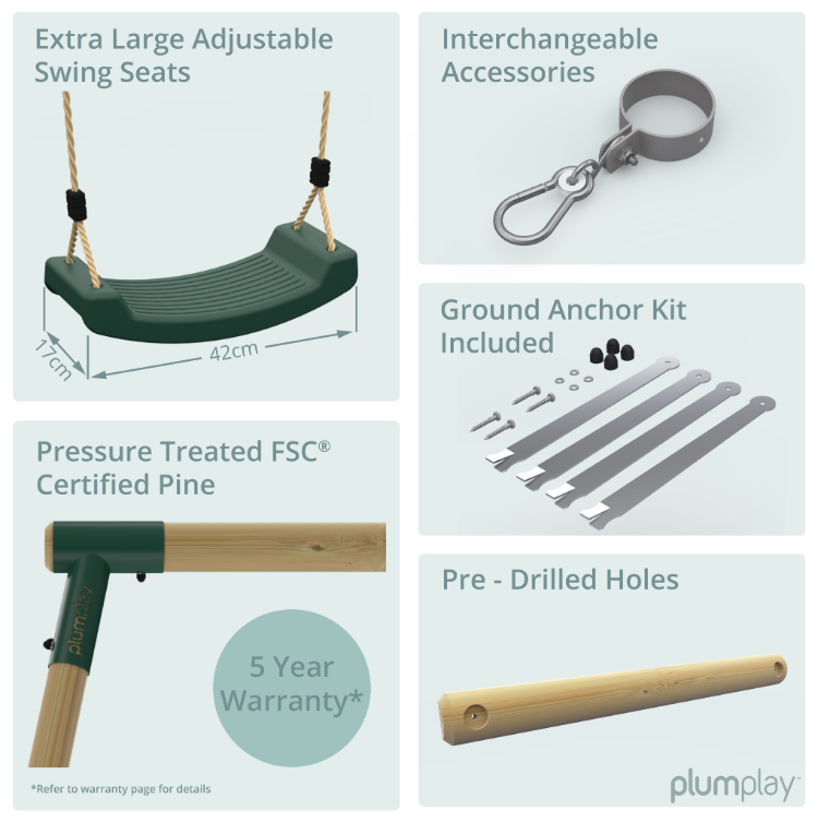 Plum® Roloway II™ Wooden Swing Set - Single Swing, Baby Seat, Deck & Slide