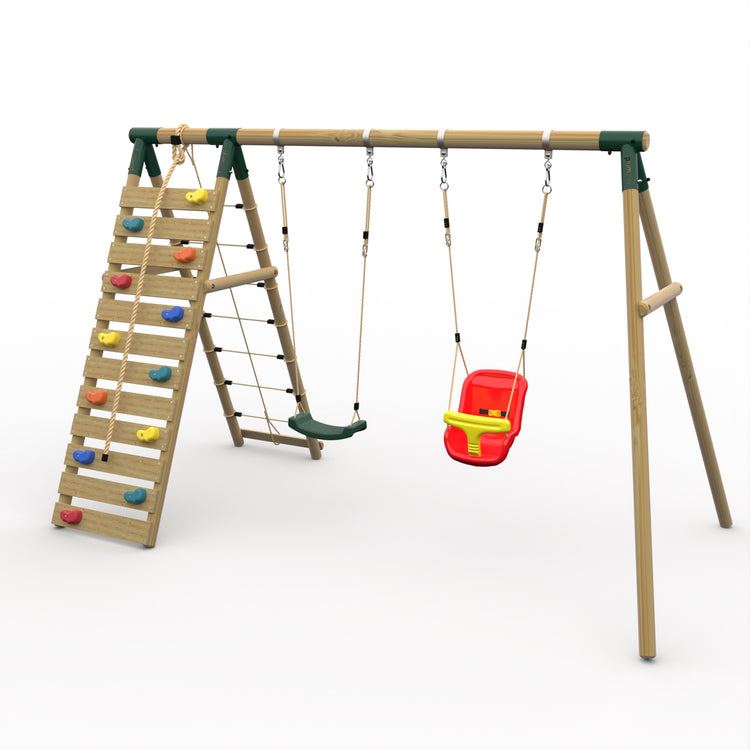 Plum® Uakari™ Wooden Swing Set - Single Swing, Baby Seat & Climbing Wall