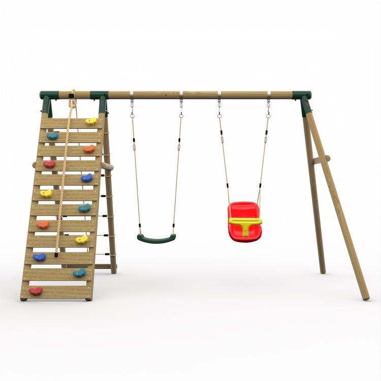 Plum® Uakari™ Wooden Swing Set - Single Swing, Baby Seat & Climbing Wall