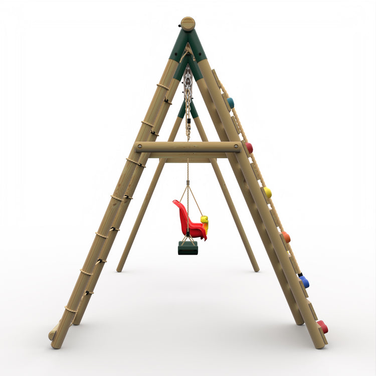 Plum® Uakari™ Wooden Swing Set - Single Swing, Baby Seat & Climbing Wall