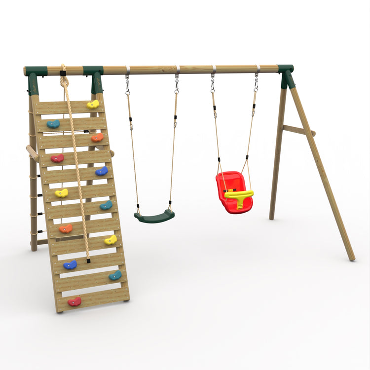 Plum® Uakari™ Wooden Swing Set - Single Swing, Baby Seat & Climbing Wall