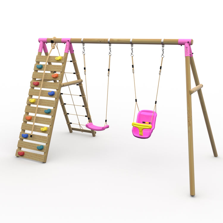 Plum® Uakari™ Wooden Swing Set - Single Swing, Baby Seat & Climbing Wall
