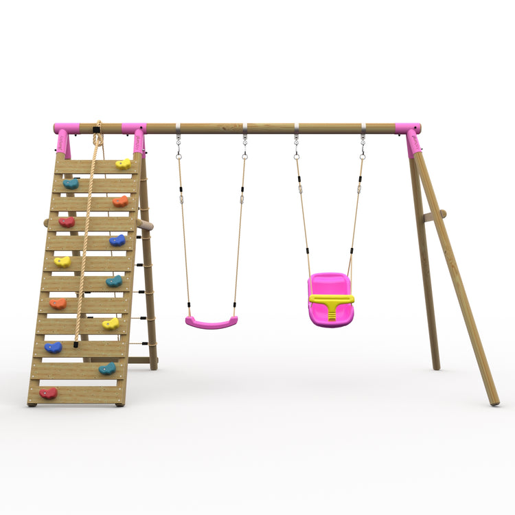 Plum® Uakari™ Wooden Swing Set - Single Swing, Baby Seat & Climbing Wall