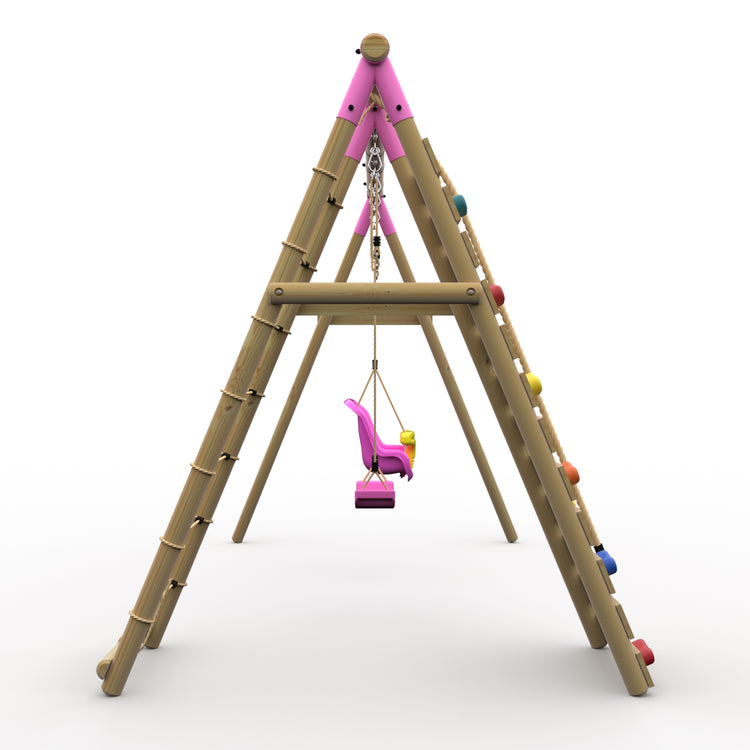 Plum® Uakari™ Wooden Swing Set - Single Swing, Baby Seat & Climbing Wall