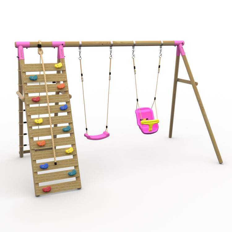 Plum® Uakari™ Wooden Swing Set - Single Swing, Baby Seat & Climbing Wall