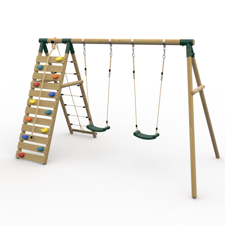 Plum® Uakari™ Wooden Swing Set - Double Swing & Climbing Wall
