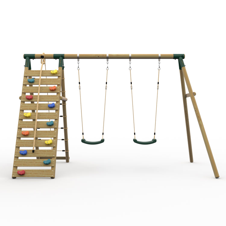 Plum® Uakari™ Wooden Swing Set - Double Swing & Climbing Wall