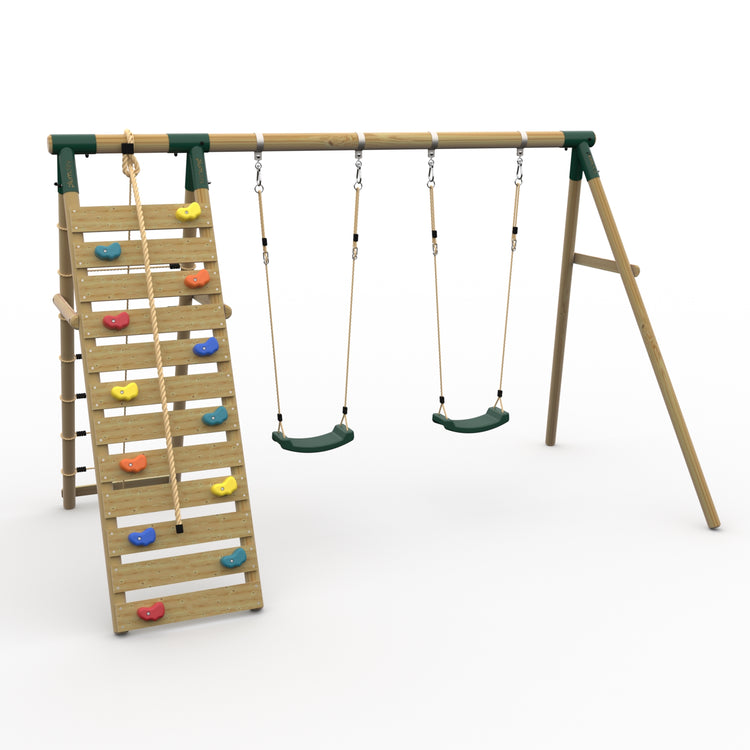 Plum® Uakari™ Wooden Swing Set - Double Swing & Climbing Wall