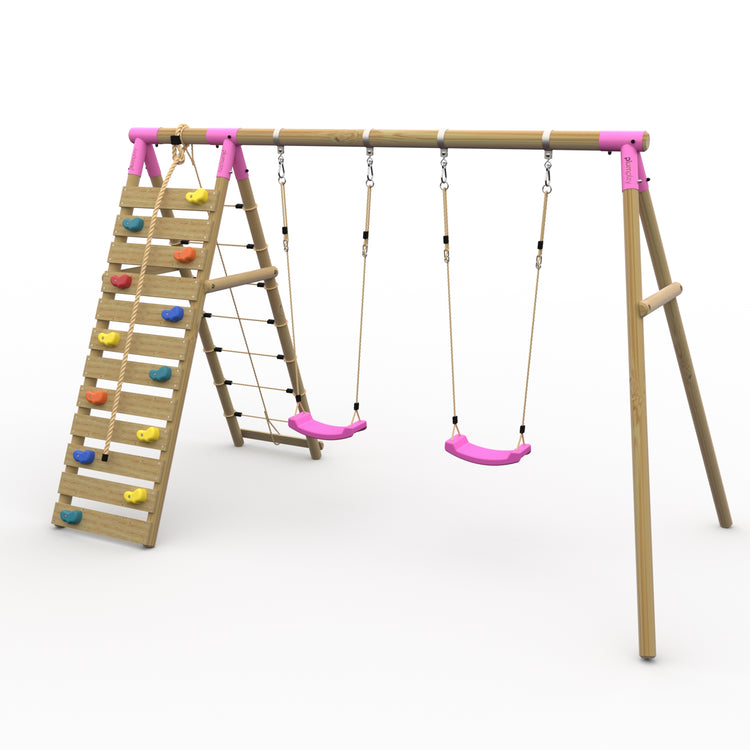 Plum® Uakari™ Wooden Swing Set - Double Swing & Climbing Wall