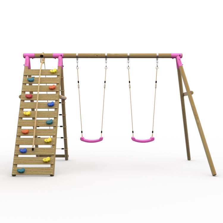 Plum® Uakari™ Wooden Swing Set - Double Swing & Climbing Wall