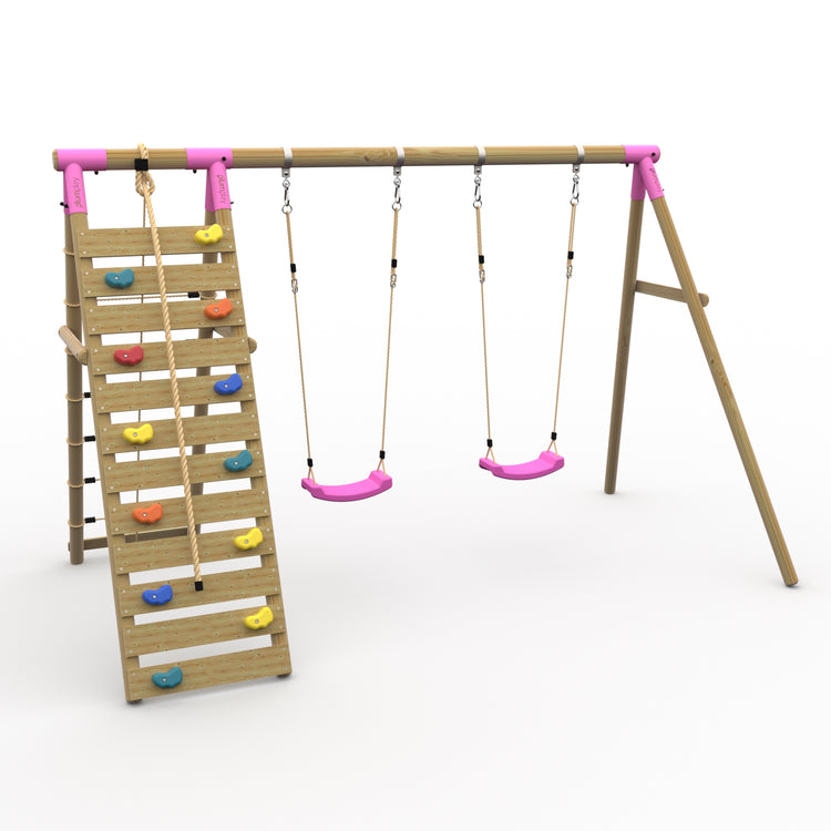 Plum® Uakari™ Wooden Swing Set - Double Swing & Climbing Wall