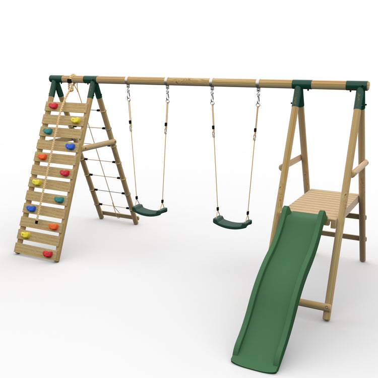 Plum® Woolly Monkey II™ Wooden Swing Set - Double Swing, Climbing Wall, Deck & Slide