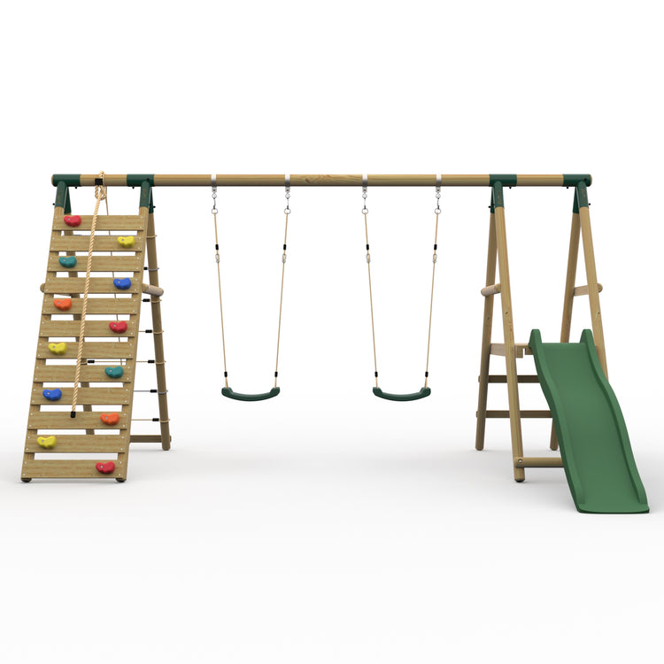 Plum® Woolly Monkey II™ Wooden Swing Set - Double Swing, Climbing Wall, Deck & Slide