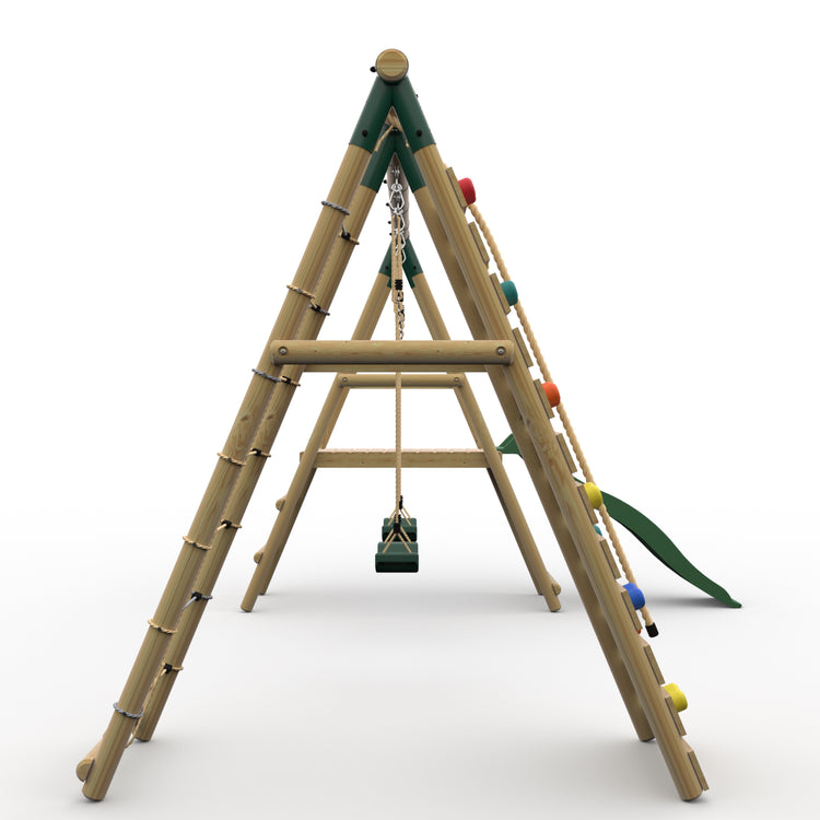 Plum® Woolly Monkey II™ Wooden Swing Set - Double Swing, Climbing Wall, Deck & Slide