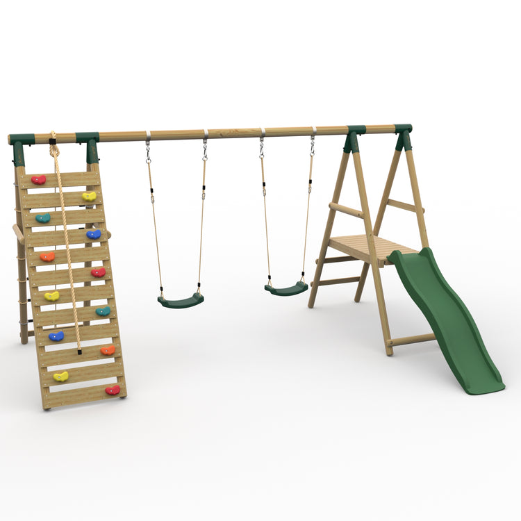 Plum® Woolly Monkey II™ Wooden Swing Set - Double Swing, Climbing Wall, Deck & Slide
