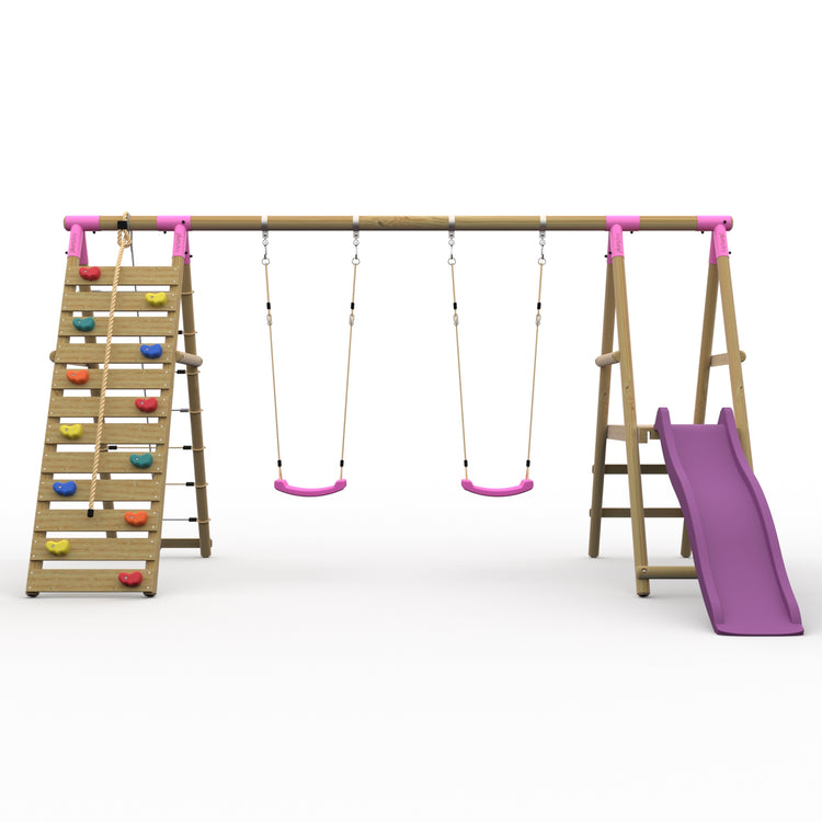 Plum® Woolly Monkey II™ Wooden Swing Set - Double Swing, Climbing Wall, Deck & Slide