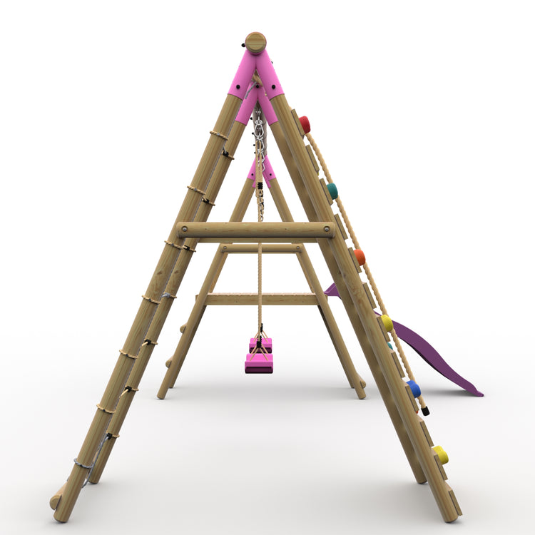 Plum® Woolly Monkey II™ Wooden Swing Set - Double Swing, Climbing Wall, Deck & Slide