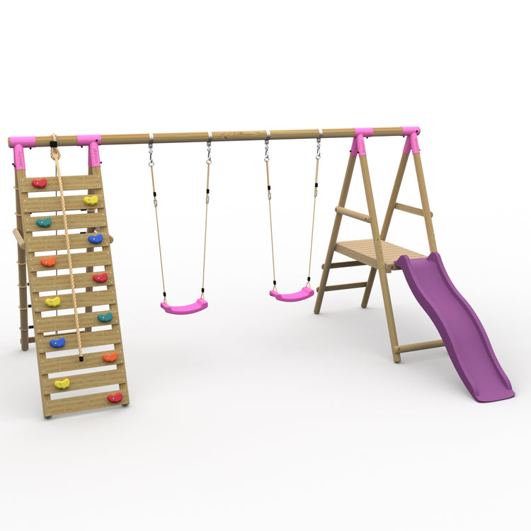 Plum® Woolly Monkey II™ Wooden Swing Set - Double Swing, Climbing Wall, Deck & Slide