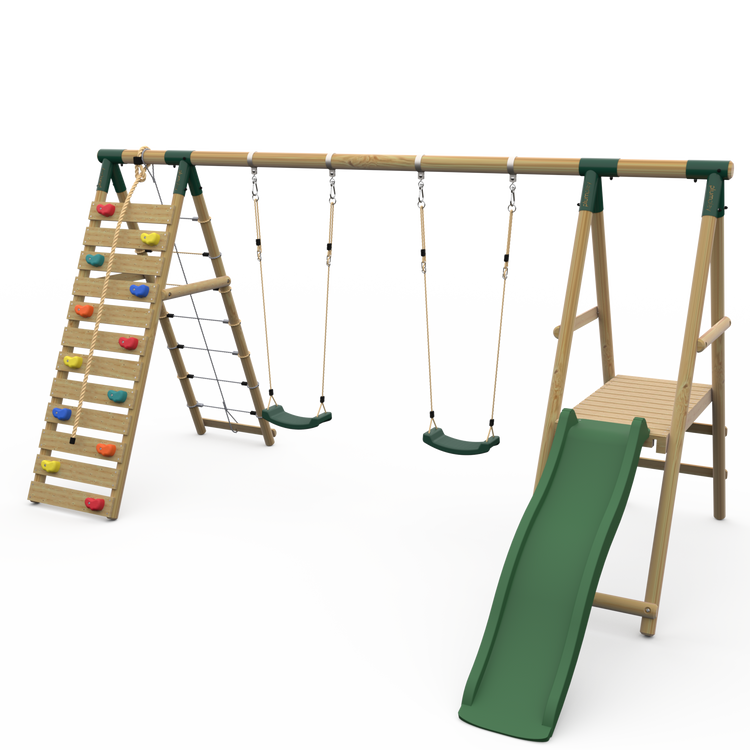 Plum® Woolly Monkey II™ Wooden Swing Set - Double Swing, Climbing Wall, Deck & Slide