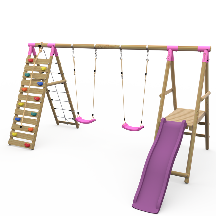 Plum® Woolly Monkey II™ Wooden Swing Set - Double Swing, Climbing Wall, Deck & Slide