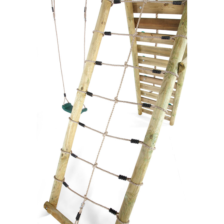 Plum® Woolly Monkey II™ Wooden Swing Set - Single Swing, Glide Nest Swing, Climbing Wall, Deck & Slide