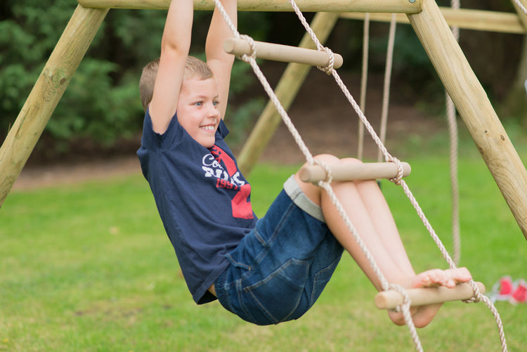 Plum® Triple Wooden Swing Set with Glider + Rope Ladder -Orang-Utan™