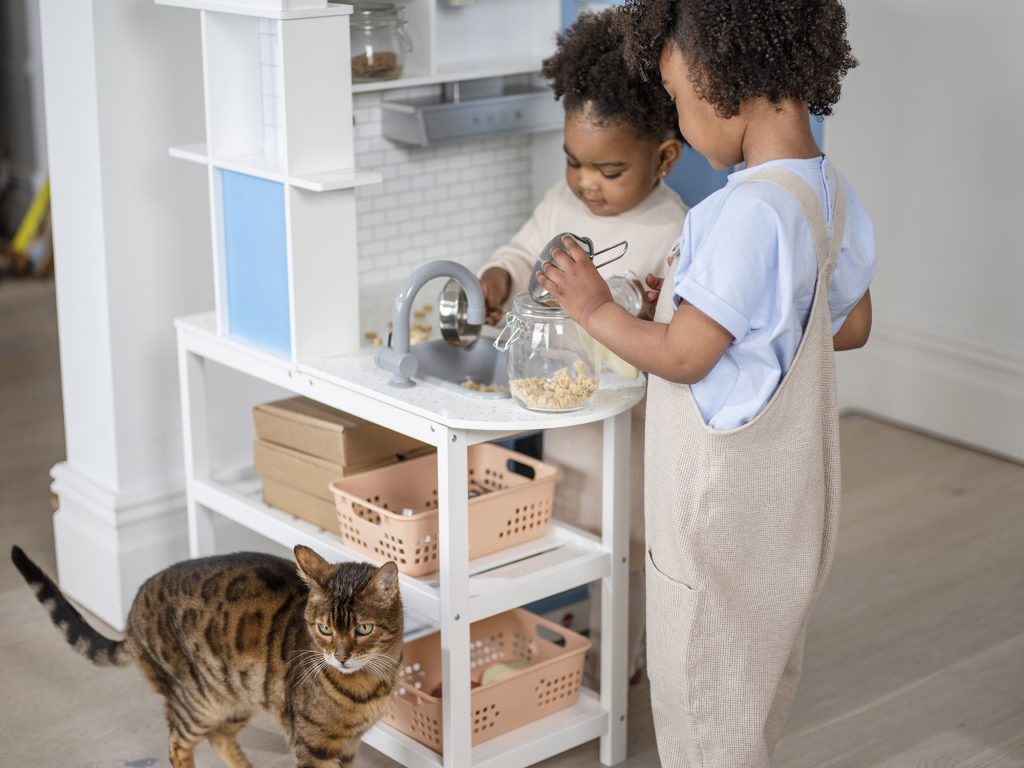 Children playing in the Plum Penne Pantry Wooden Corner Kitchen with Fridge with Cat