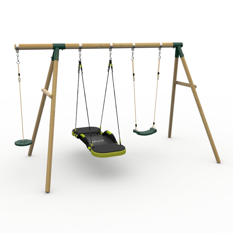 Plum® Loris™ Wooden Swing Set - Single Swing, Glide Nest Swing & Disc Seat