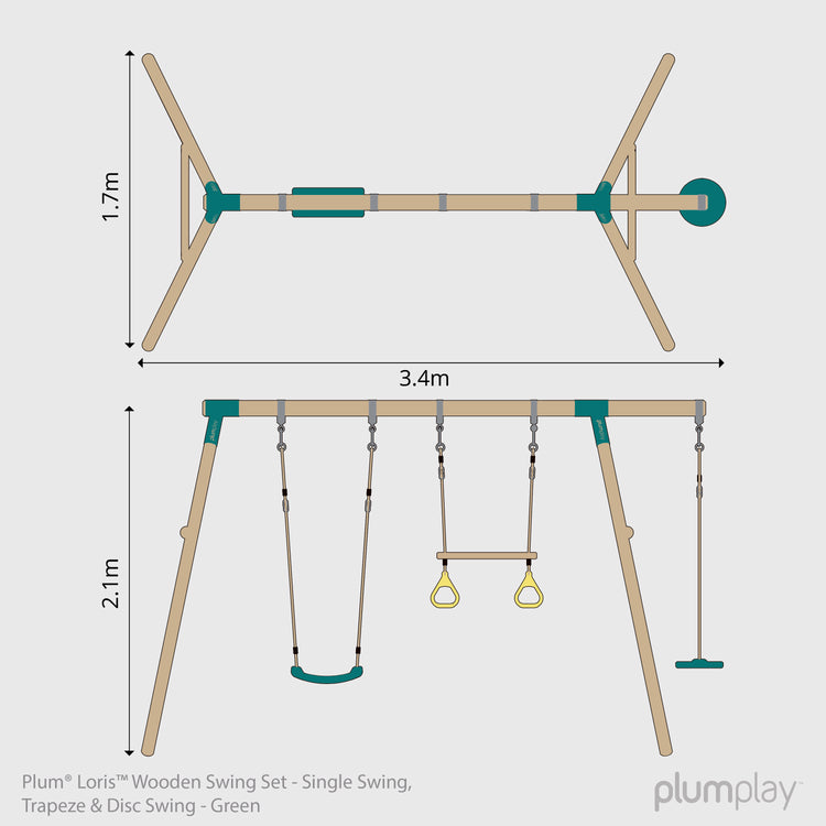 Plum® Loris™ Wooden Swing Set - Single Swing, Trapeze & Disc Seat