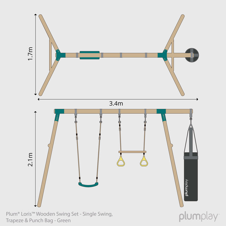 Plum® Loris™ Wooden Swing Set - Single Swing, Trapeze & Punch Bag