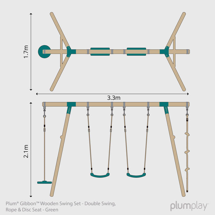 Plum® Gibbon™ Wooden Swing Set - Double Swing, Disc Seat & Rope