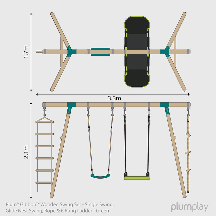 Plum® Gibbon™ Wooden Swing Set - Single Swing, Glide Nest Swing, Rope & Ladder