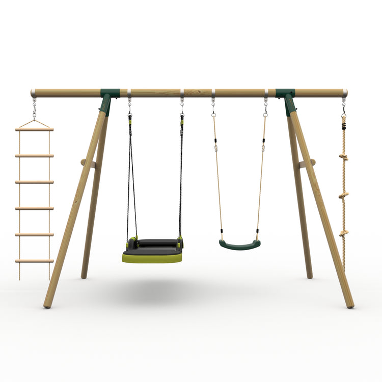 Plum® Gibbon™ Wooden Swing Set - Single Swing, Glide Nest Swing, Rope & Ladder