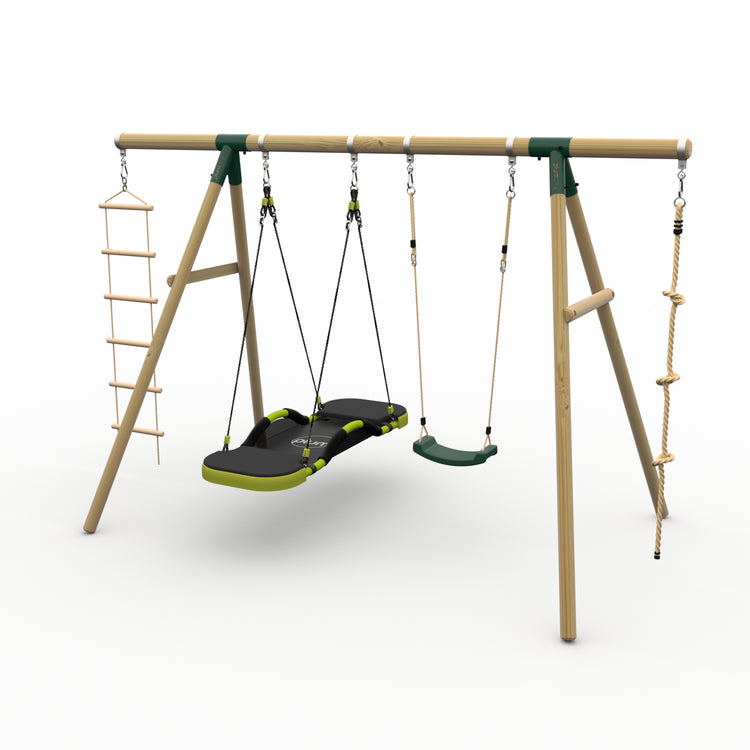 Plum® Gibbon™ Wooden Swing Set - Single Swing, Glide Nest Swing, Rope & Ladder