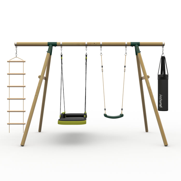 Plum® Gibbon™ Wooden Swing Set - Single Swing, Glide Nest Swing, Punch Bag & Ladder