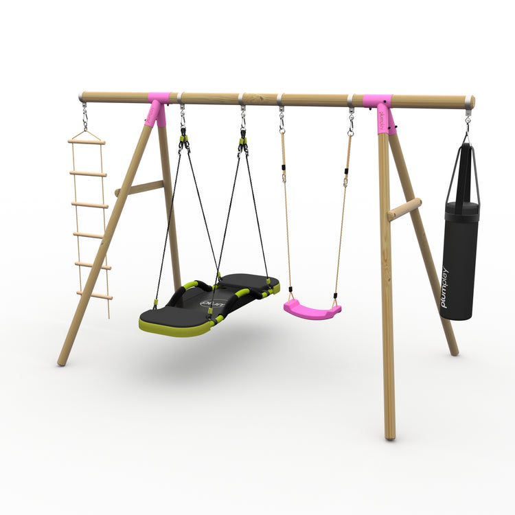 Plum® Gibbon™ Wooden Swing Set - Single Swing, Glide Nest Swing, Punch Bag & Ladder