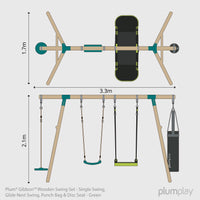 Plum® Gibbon™ Wooden Swing Set - Single Swing, Glide Nest Swing, Disc Seat & Punch Bag product image