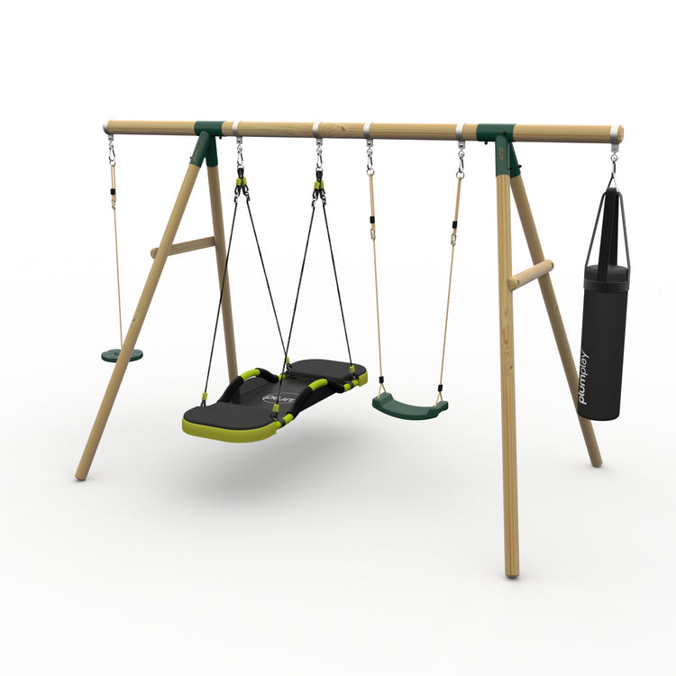 Plum® Gibbon™ Wooden Swing Set - Single Swing, Glide Nest Swing, Disc Seat & Punch Bag