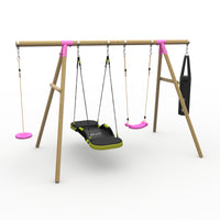Plum® Gibbon™ Wooden Swing Set - Single Swing, Glide Nest Swing, Disc Seat & Punch Bag product image
