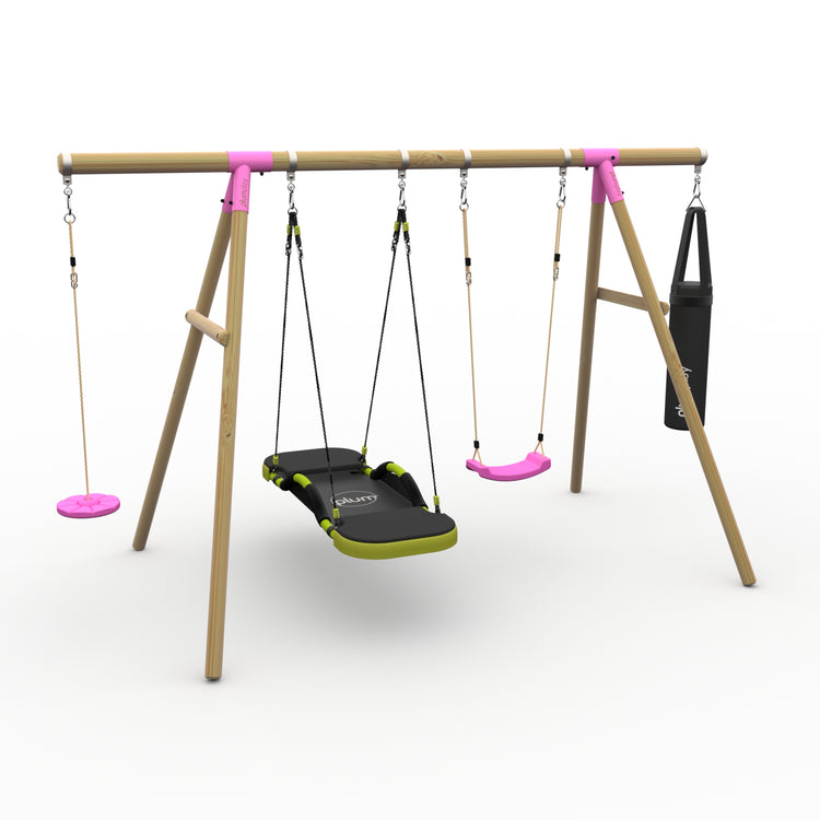 Plum® Gibbon™ Wooden Swing Set - Single Swing, Glide Nest Swing, Disc Seat & Punch Bag